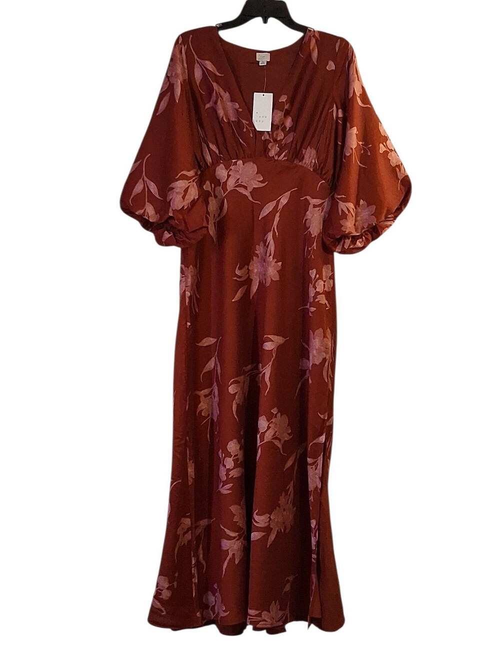 A New Day Red Pink Floral Tie Neck Maxi Dress Balloon Sleeves Size Medium New